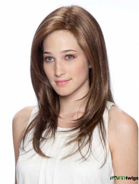 Synthetic 100% Hand Tied Brown Layered Straight Long Mono Top Wigs