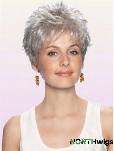 Grey Wig With Capless Cropped Length Boycuts Wavy Style