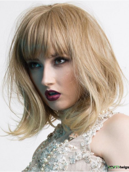 Shoulder Length With Bangs 14 inch Wavy Blonde Medium Wigs