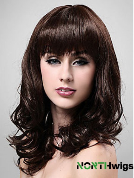 Shoulder Length With Bangs 20 inch Wavy Brown Medium Wigs