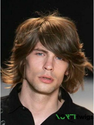 Auburn Chin Length Capless Wavy Mens Real Hair Wig