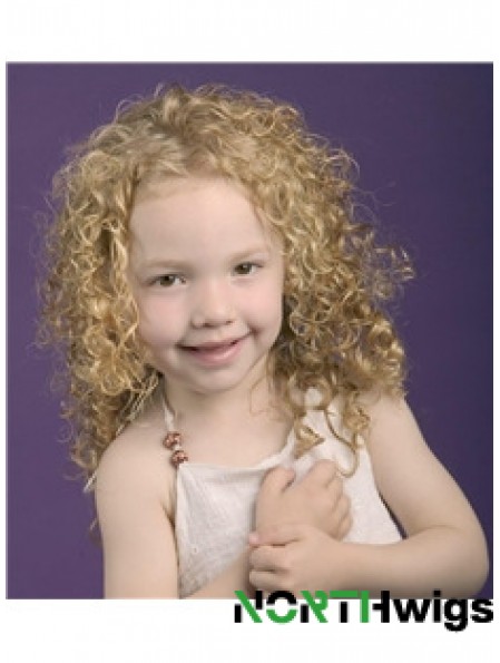 Curly Shoulder Length Blonde Synthetic 100% Hand-tied Kids Wigs