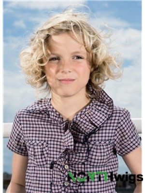 Curly Chin Length Blonde Synthetic 100% Hand-tied Kids Wigs