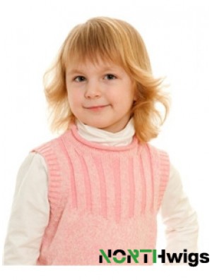 Wavy Shoulder Length Blonde Remy Human Hair 100% Hand-tied Kids Wigs