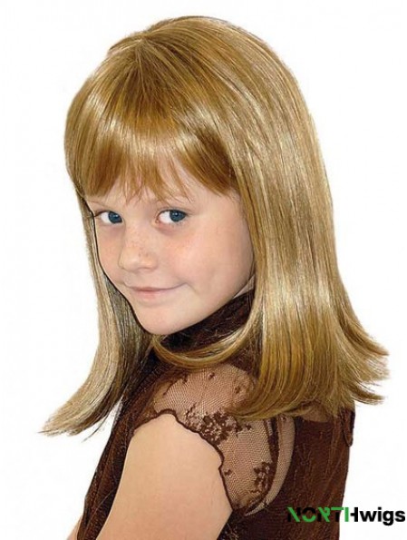 Straight Shoulder Length Blonde Synthetic 100% Hand-tied Kids Wigs