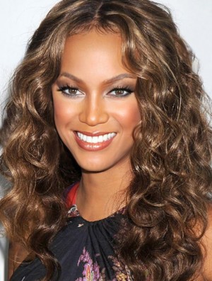 Brown Curly Without Bangs 100% Hand-tied 20 inch Fashionable Tyra Banks Wigs