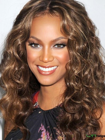 Brown Curly Without Bangs 100% Hand-tied 20 inch Fashionable Tyra Banks Wigs