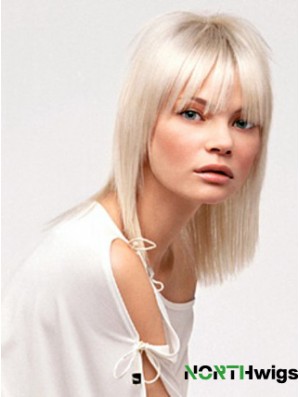 Lace Front With Bangs Shoulder Length Straight 14 inch Platinum Blonde No-Fuss Fashion Wigs