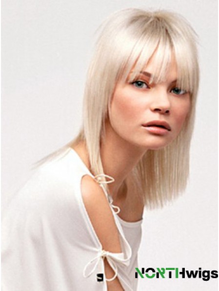 Lace Front With Bangs Shoulder Length Straight 14 inch Platinum Blonde No-Fuss Fashion Wigs