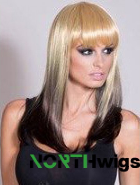 Affordable Ombre/2 Tone Long Straight With Bangs 20 inch Human Lace Wigs