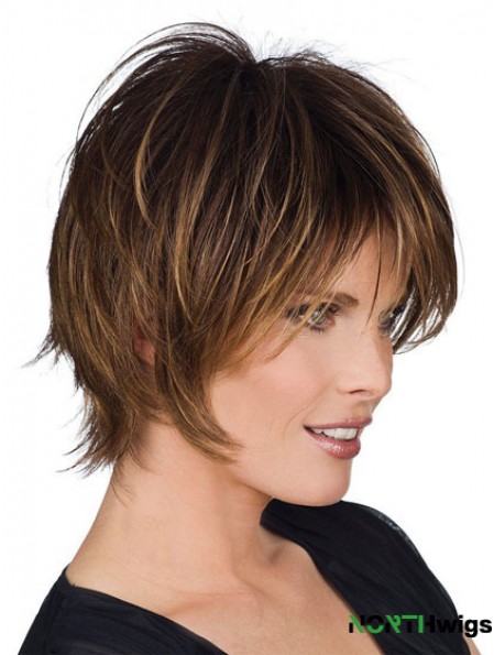 Short Wigs With Remy Capless Straight Style Brown Color Layered Cut