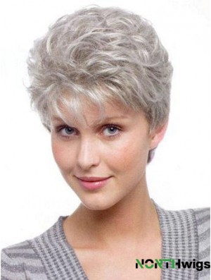 Durable Wigs For Elderly Lady With Synthetic Grey Cut Wavy Style