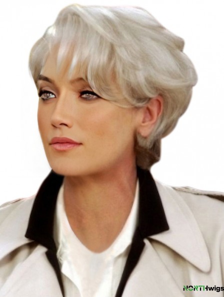 Grey Short Remy Human Hair Capless Wavy Wigs for Lady 8 Inch